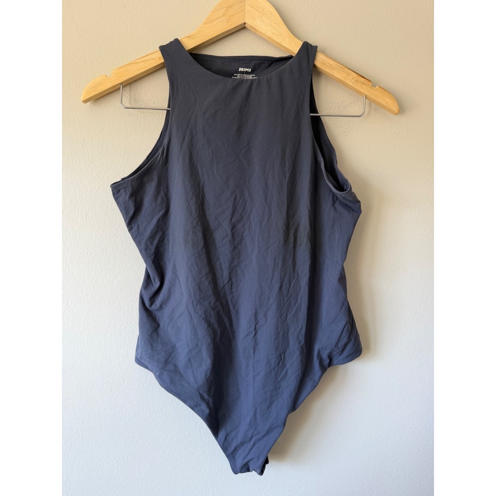 SKIMS Fits Everybody High Neck Bodysuit L Onyx Dark Gray Sleeveless Thong Snap